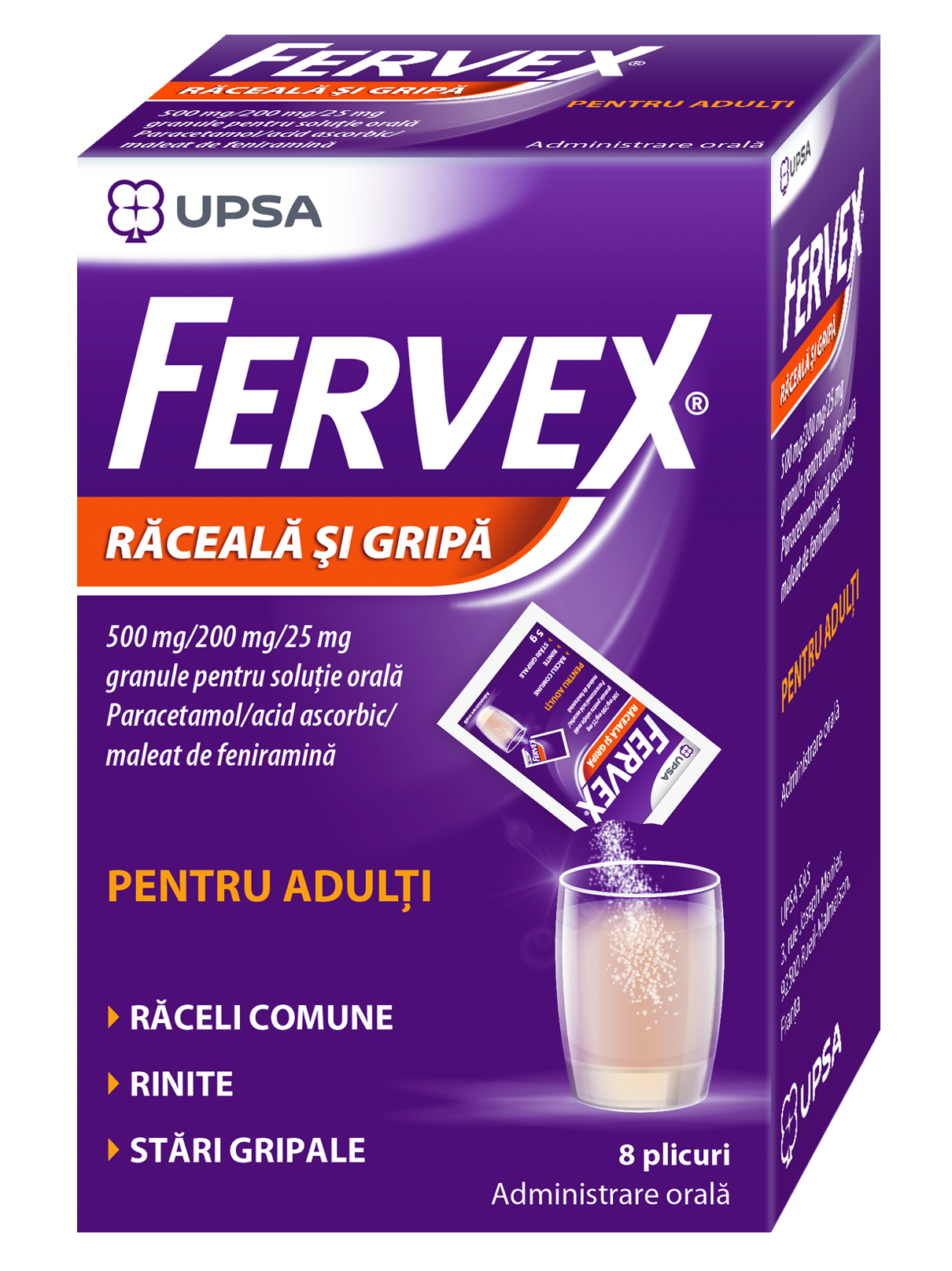 FERVEX Răceală și Gripă pentru adulți 500mg/200mg/25mg granule pentru soluție orală