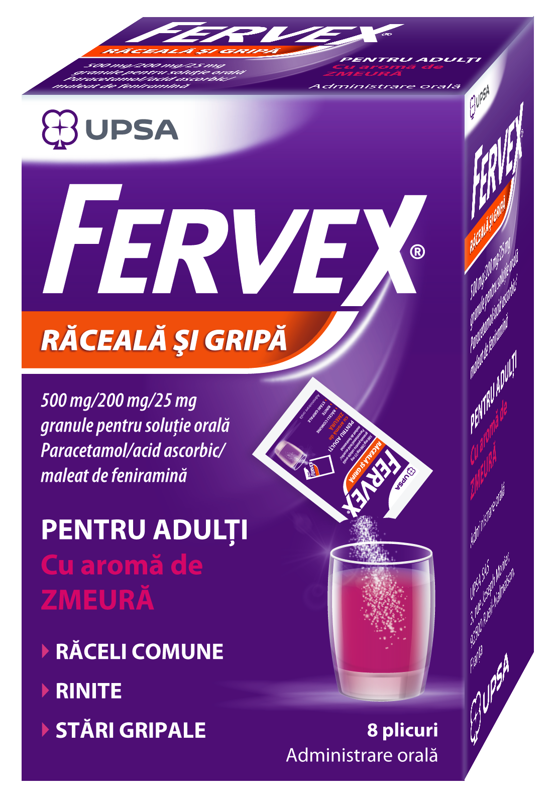 FERVEX Răceală și Gripă pentru adulți cu aromă de zmeură 500mg/200mg/25mg granule pentru soluție orală