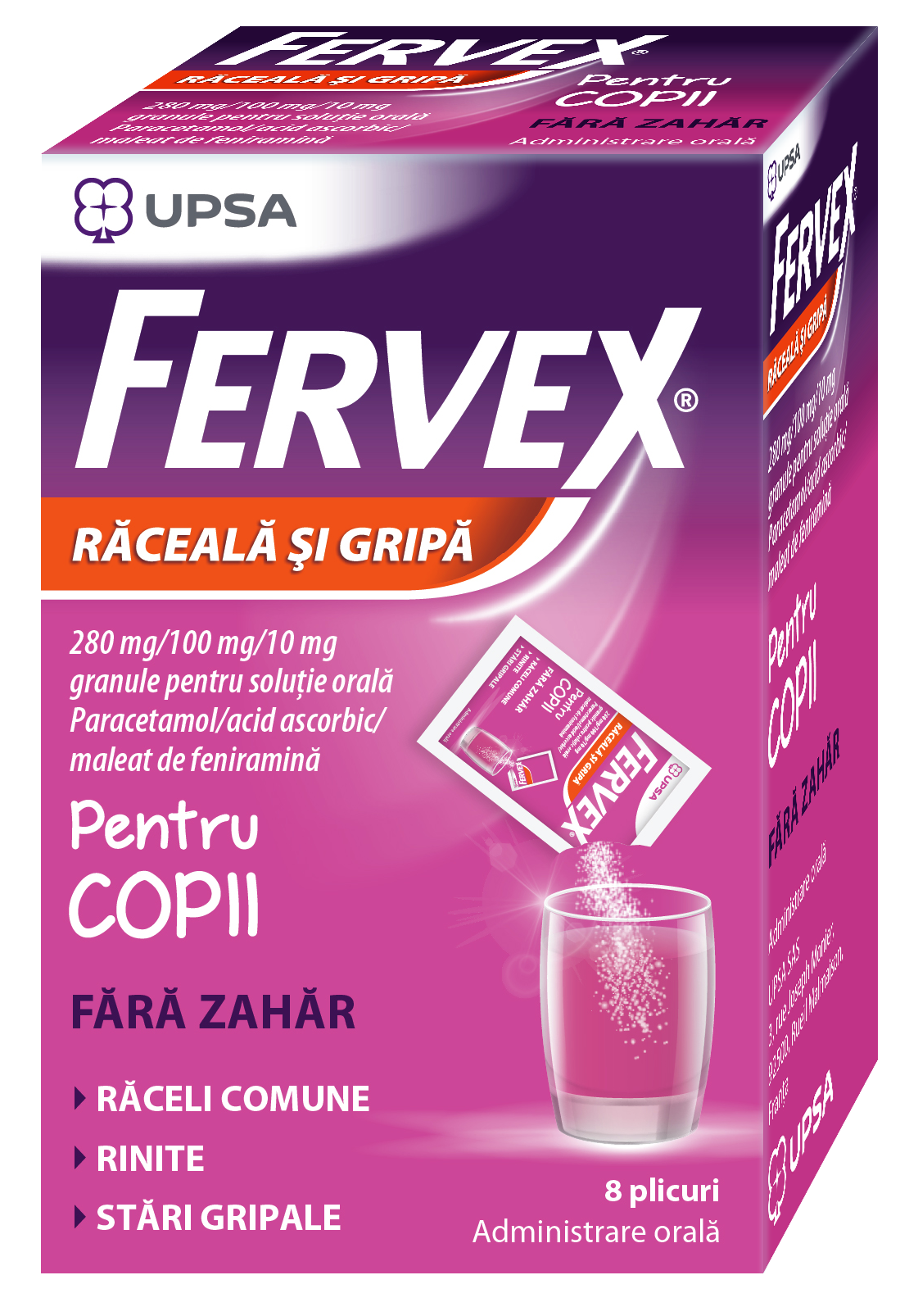 FERVEX răceală și gripă pentru copii fără zahăr 280mg/100mg/10mg granule pentru soluție orală